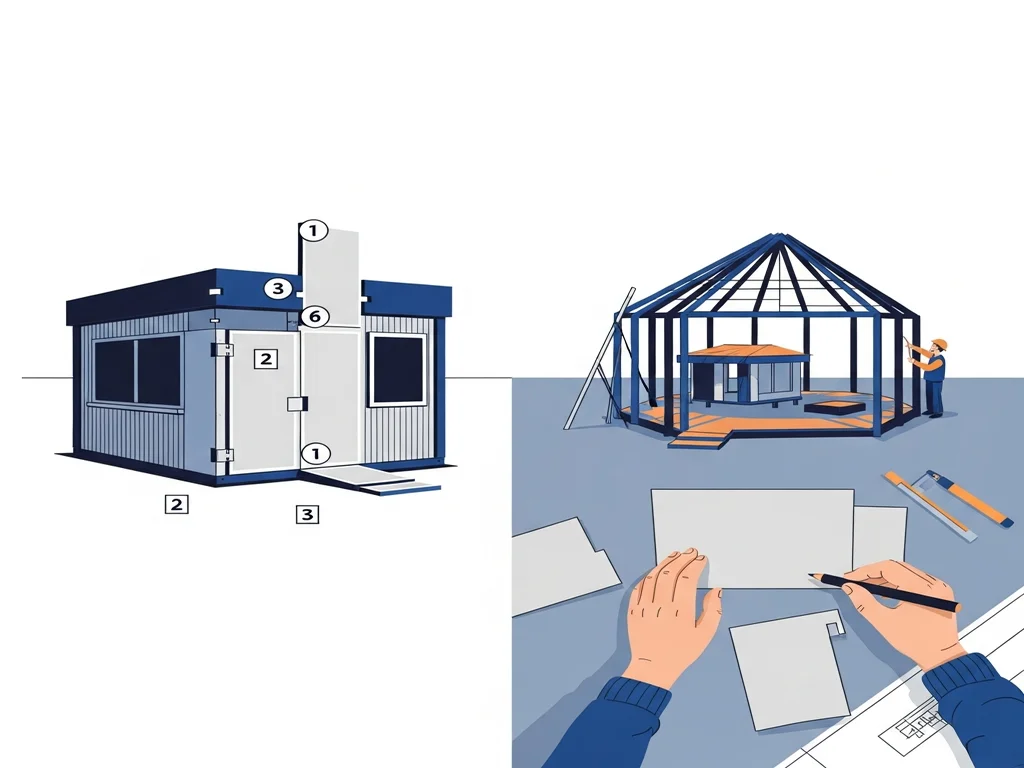 Illustration contrasting a neat prefabricated kiosk assembled from a kit with a bespoke architectural structure being crafted piece by piece