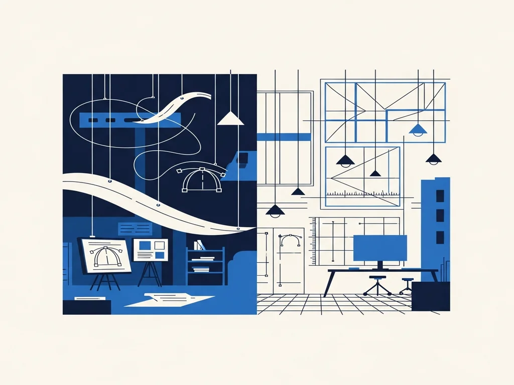 Illustration contrasting a studio filled with flowing animation curves, representing Framer, with a studio of precise structural grids, representing Webflow