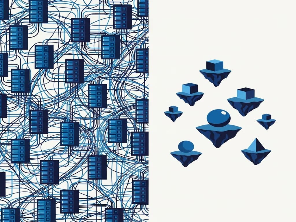 Illustration contrasting a dense interconnected server structure representing Next.js with a calm archipelago of small islands representing Astro's islands architecture