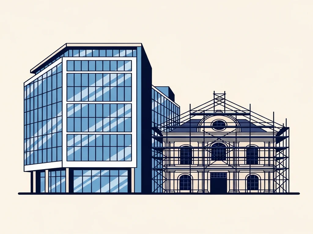 Illustration of a thriving modern structure beside a once-grand building with scaffolding and faded banners, carefully preserved but quiet