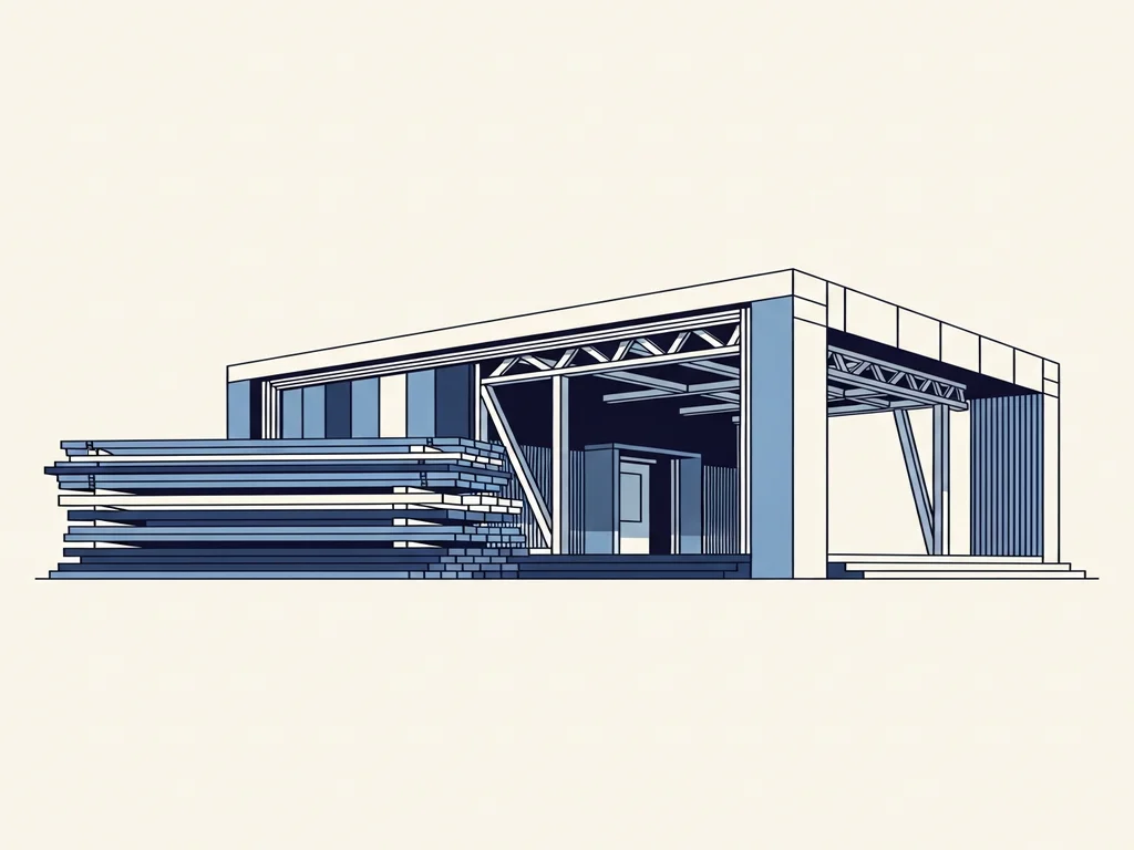 Illustration of a complete engineered structure beside the pile of raw components it is built from