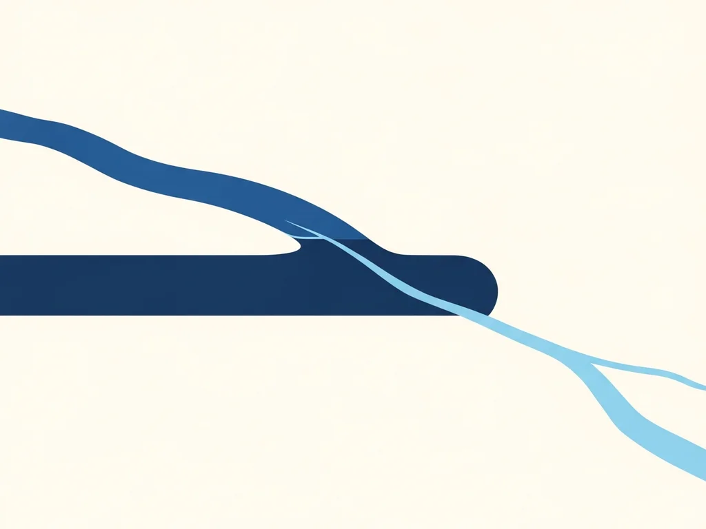 Illustration of two rivers, one broad and established, the other merging into a larger channel while a small new stream departs in another direction