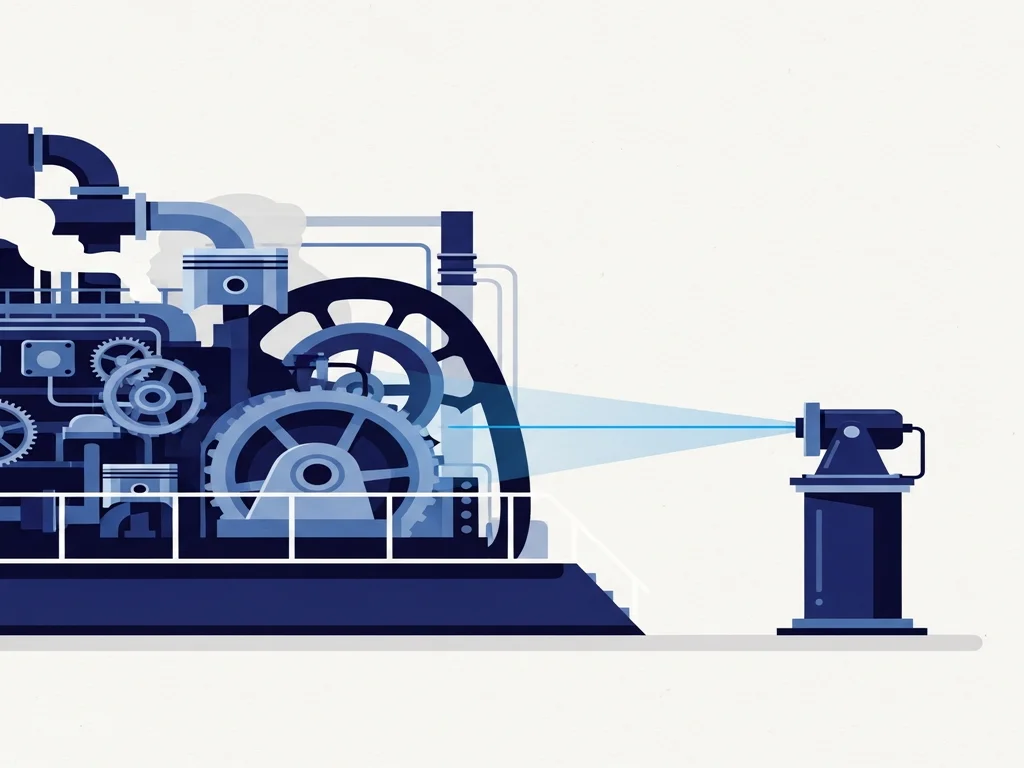 Illustration of a large established engine room beside a small precise compiler machine producing lighter output