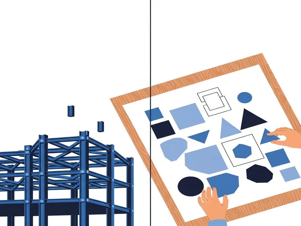 Illustration contrasting a structural engineering frame representing the Next.js developer framework with an elegant drafting canvas representing Webflow's visual builder