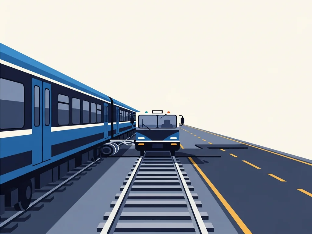 Illustration of a train on fixed rails beside an open road under construction, with a hybrid vehicle bridging both