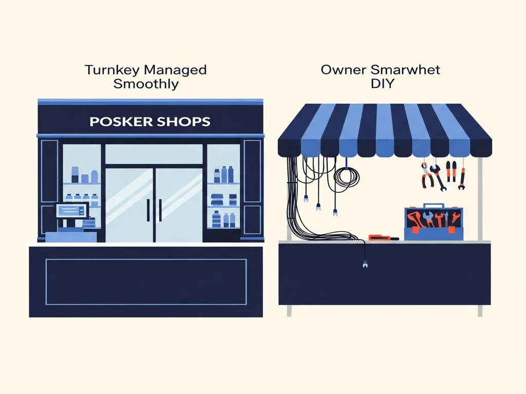 Illustration contrasting a turnkey managed storefront with an owner-assembled market stall, viewed from the operator's side of the counter