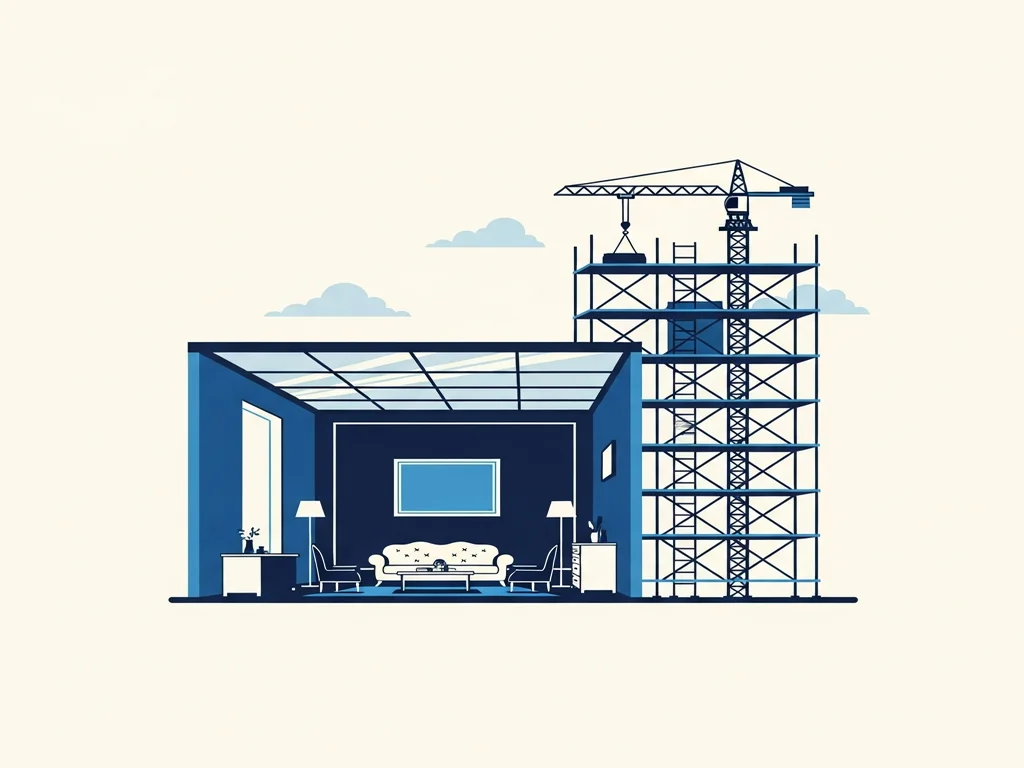 Illustration of an elegant room with a visible glass ceiling beside an open structure being extended upward without limit