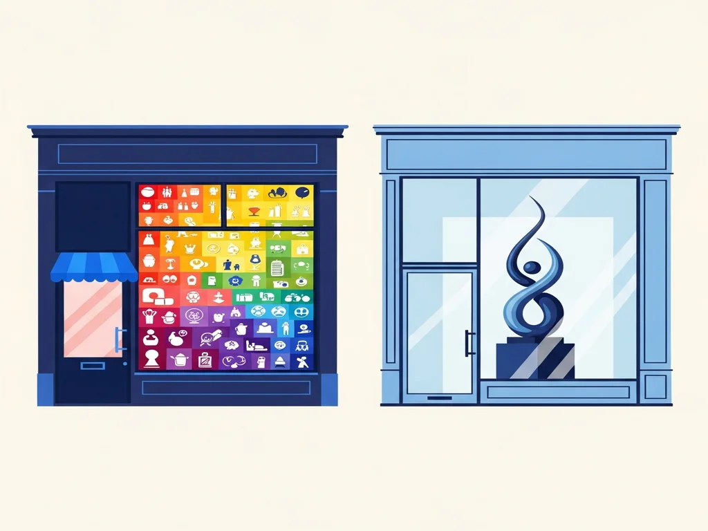 Illustration contrasting a lively storefront full of varied display widgets, representing Wix, with an austere gallery storefront displaying one elegant object, representing Squarespace