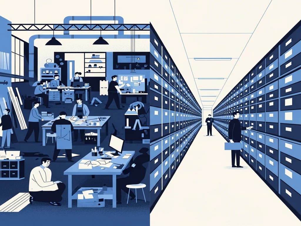 Illustration contrasting a bustling open workshop, representing WordPress, with a precise institutional archive hall of labeled drawers, representing Drupal