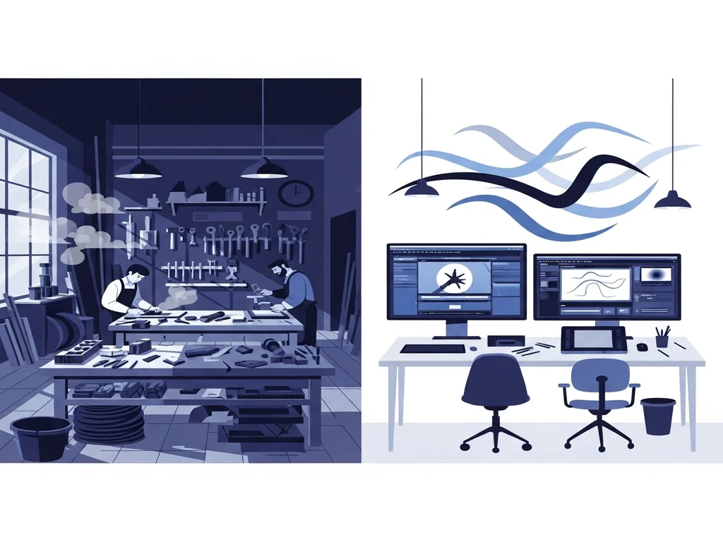 Illustration contrasting an established workshop, representing WordPress, with a sleek animation studio full of motion curves, representing Framer