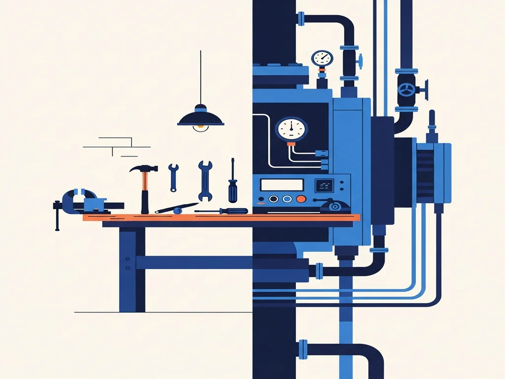 Illustration contrasting a standalone workshop, representing WordPress, with a workstation built into a larger connected machine, representing HubSpot CMS inside the CRM suite
