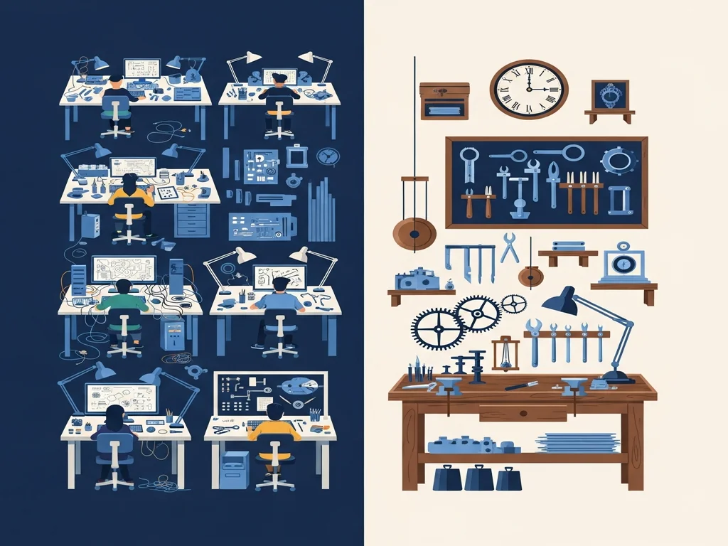 Illustration contrasting a bustling modern workshop, representing WordPress, with a well-kept classic clocktower workshop, representing Joomla