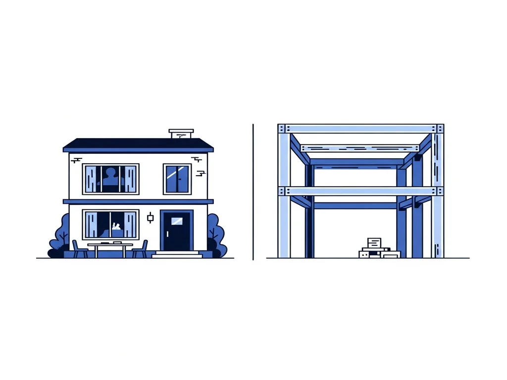 Illustration contrasting a furnished, ready-to-use structure representing the WordPress CMS with an open framework of beams and connections representing the Next.js developer framework