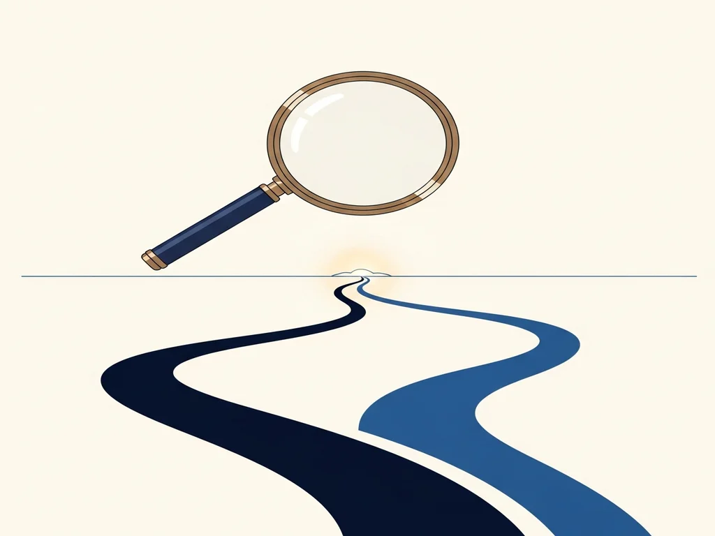 Illustration of a magnifying lens examining two equal paths converging on the same destination, representing platform-neutral search rankings