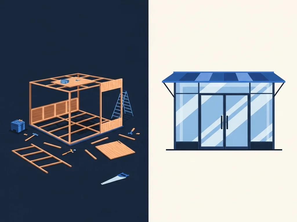 Illustration contrasting an open marketplace stall assembled from modular parts, representing WooCommerce, with a streamlined ready-made storefront, representing Shopify
