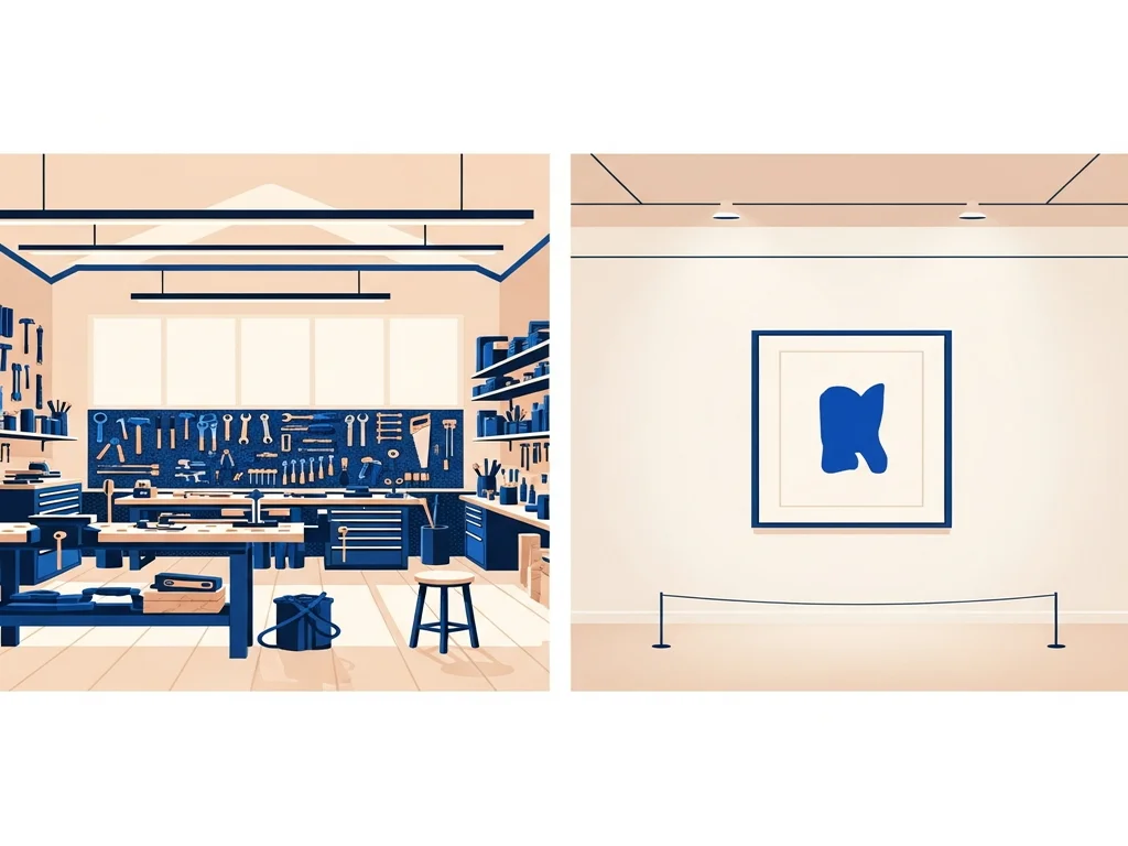 Illustration contrasting an expansive open workshop representing WordPress with an elegant minimalist gallery room representing Squarespace
