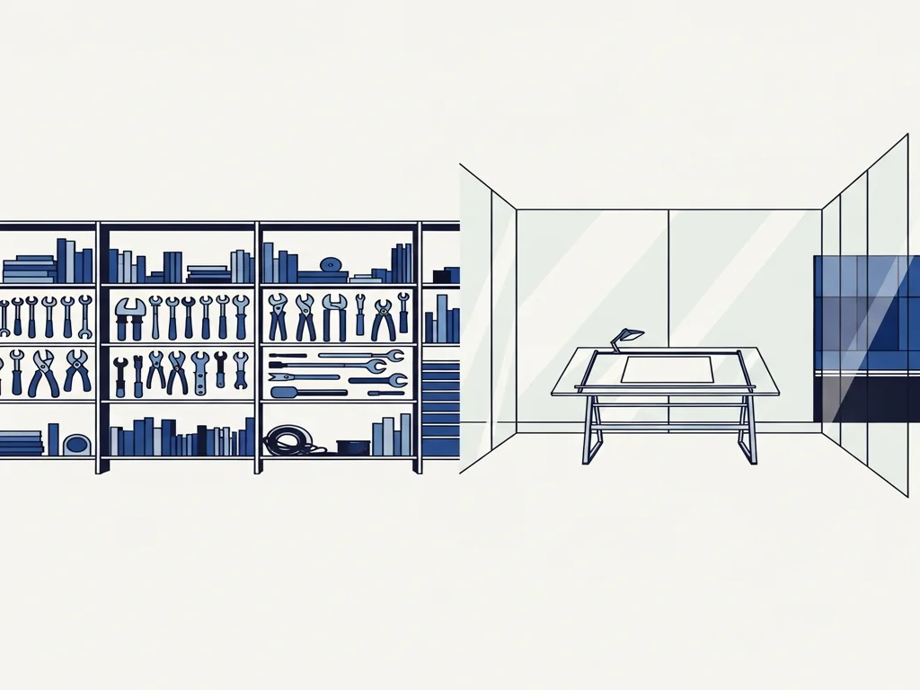 Illustration contrasting an open modular workshop representing WordPress with a sleek sealed design studio representing Webflow