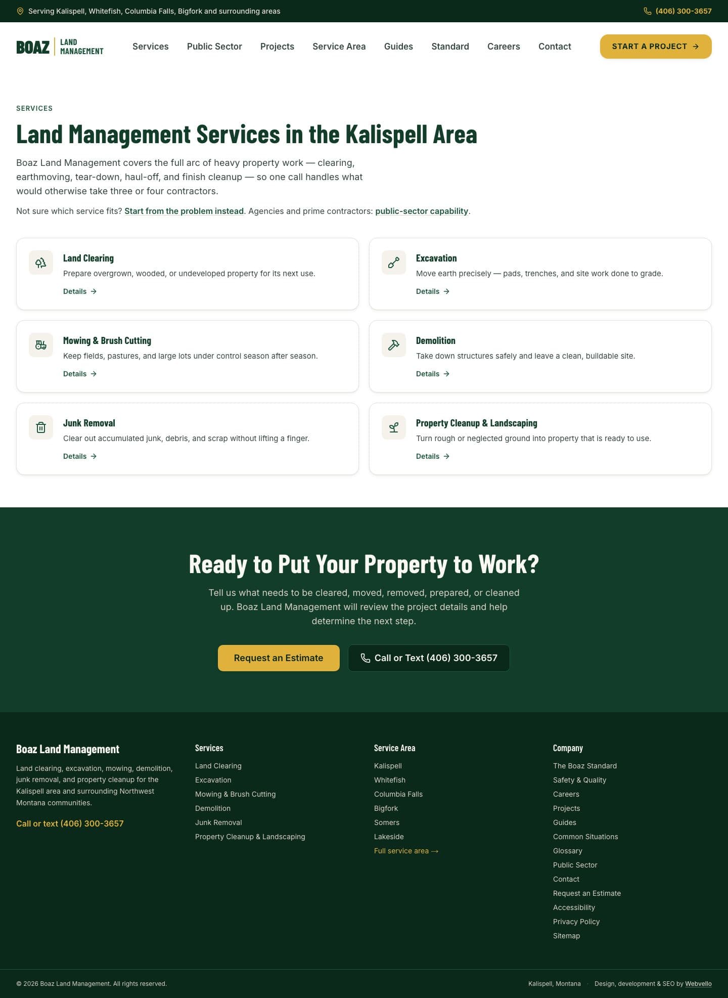 Boaz Land Management services page on desktop