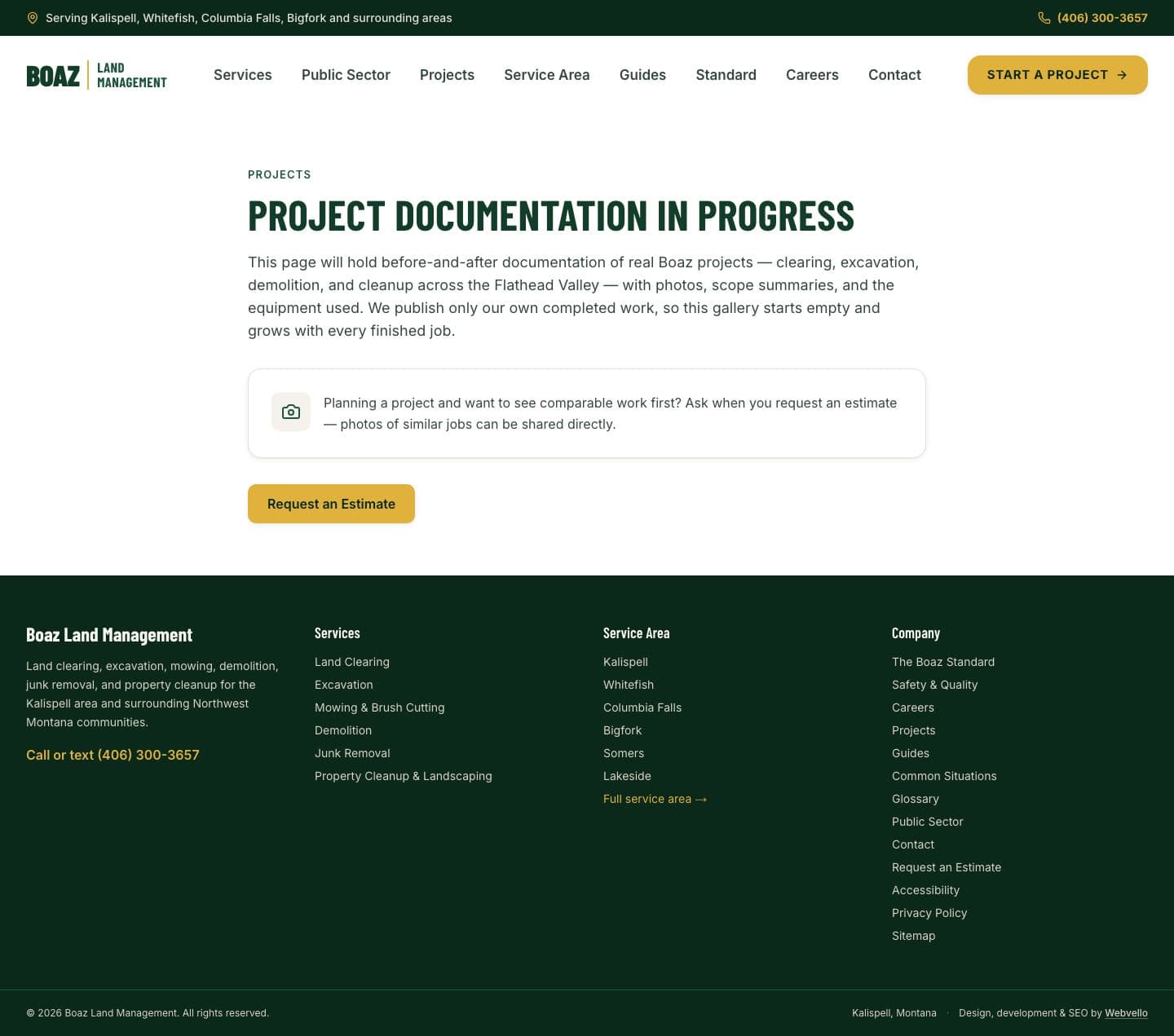 Boaz Land Management projects page on desktop