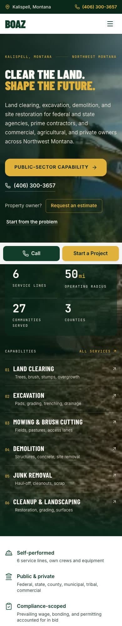 Boaz Land Management homepage on mobile