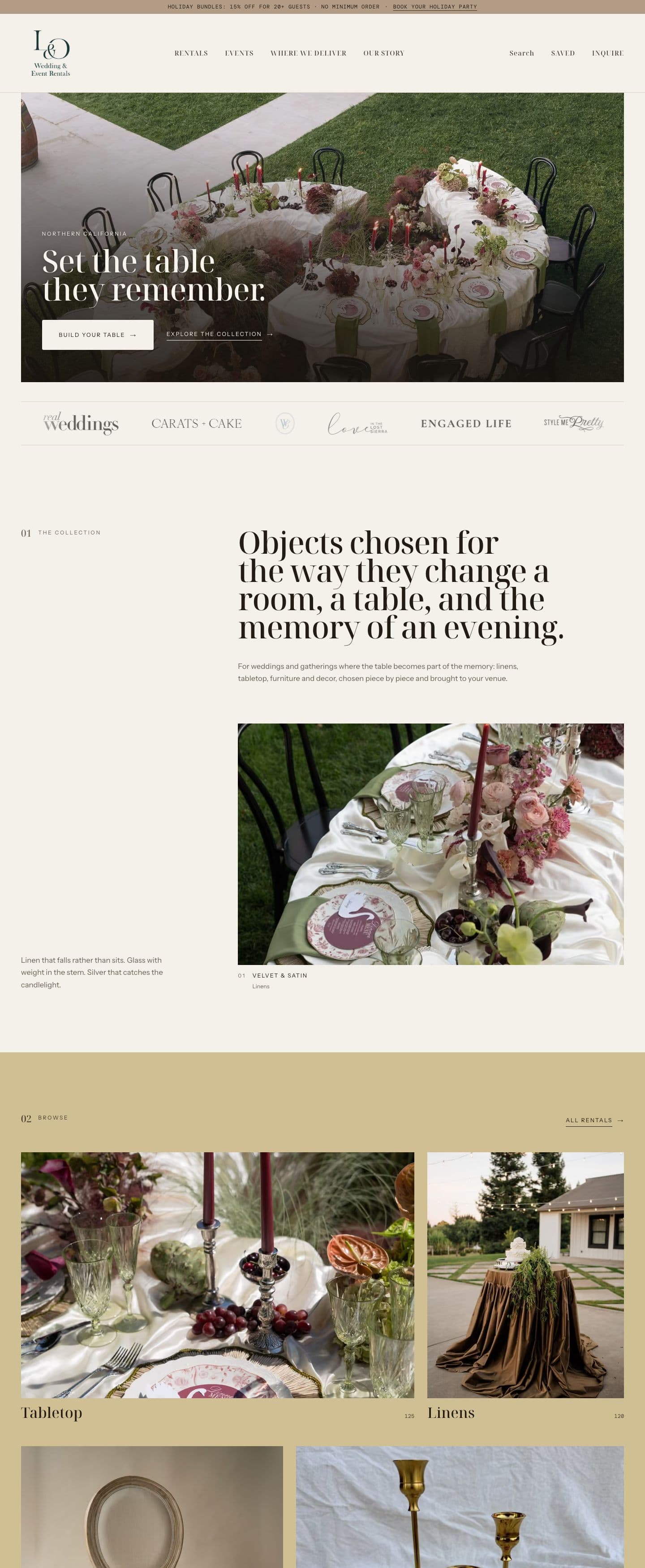Linen & Oak homepage on desktop: hero photograph of a styled outdoor wedding table, press logos and the four collection rooms