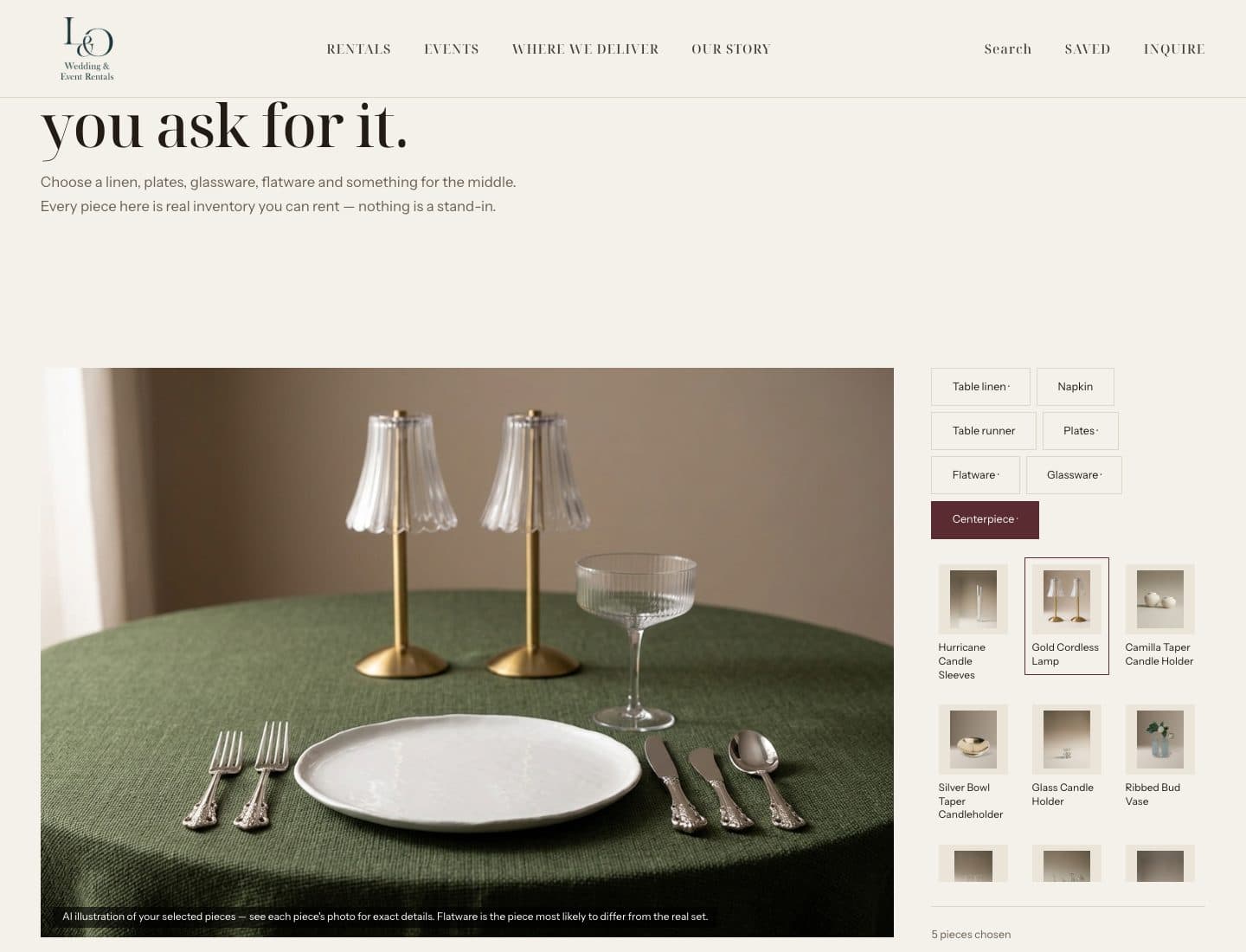 The Build a Table page with piece tabs, product thumbnails and the generated table photograph
