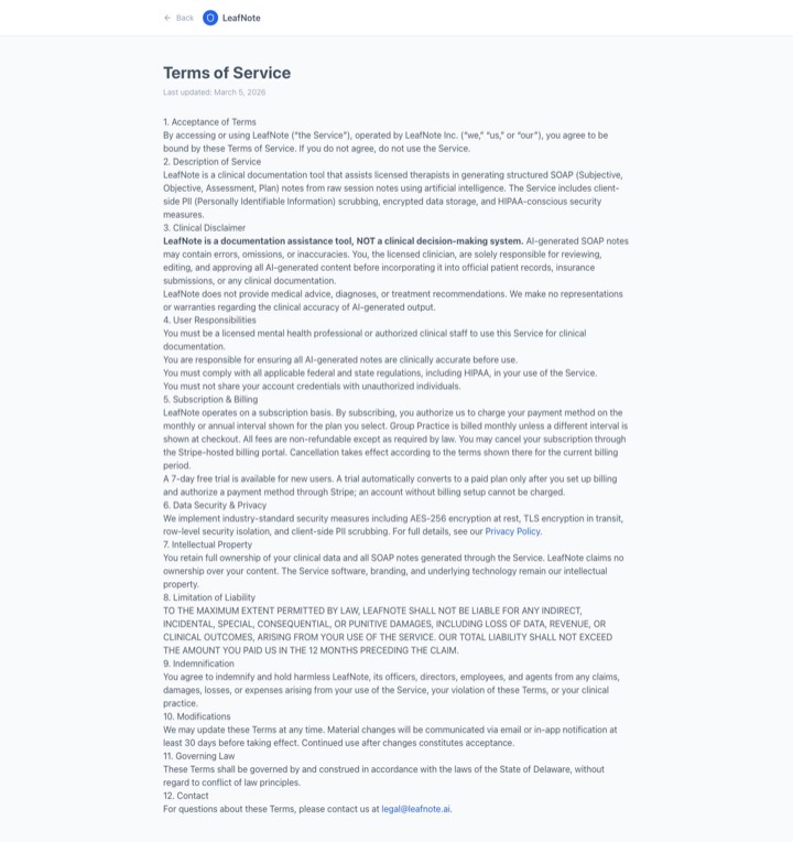 Leafnote AI feature page on desktop