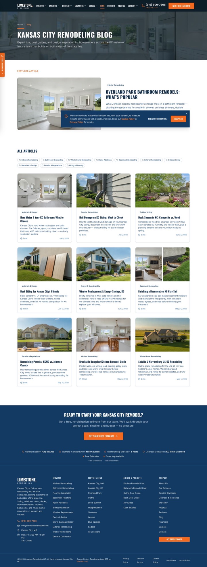 Limestone Remodeling service page on desktop