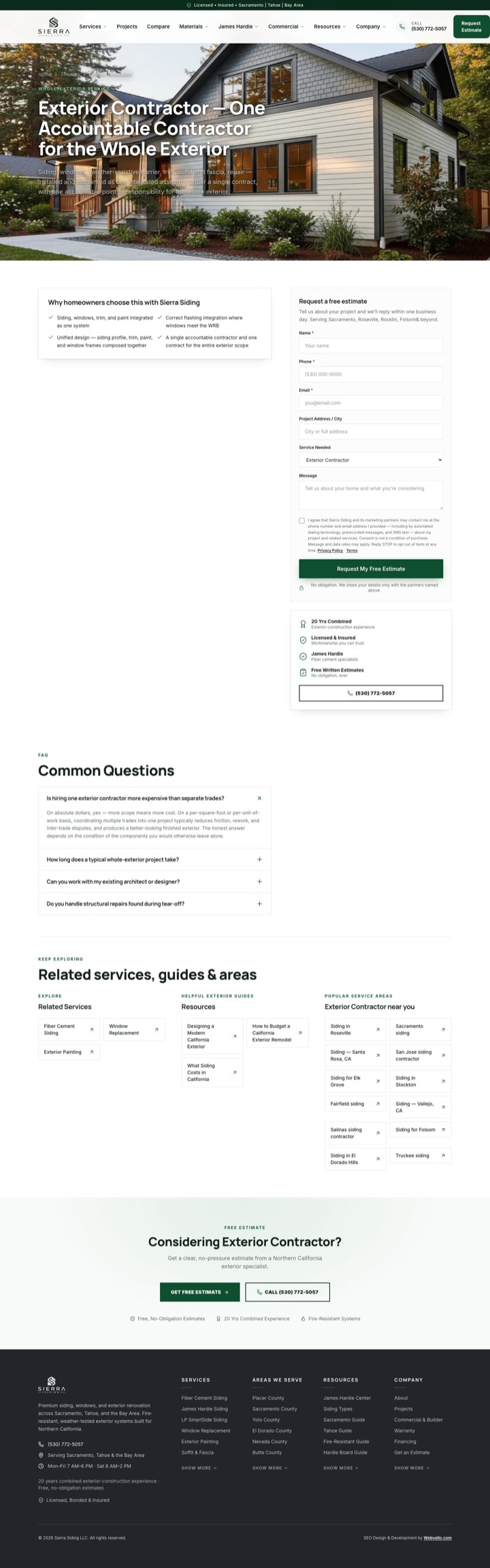 Sierra Siding service page on desktop
